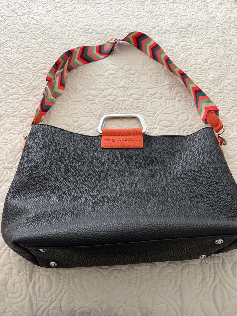 Cirque du Soleil Black Pebbled Leather Shoulder Bag with Multicolor Strap